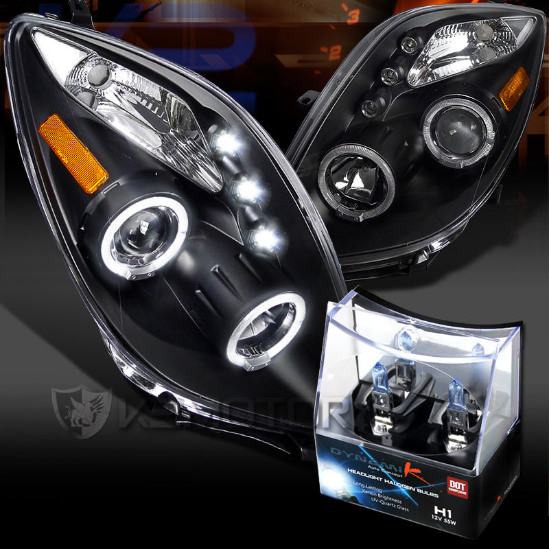 ヘッドライト 06-08 Toyota Yaris Black 2D Halo LEDプロジェクターヘッドライト H1ハロゲン電