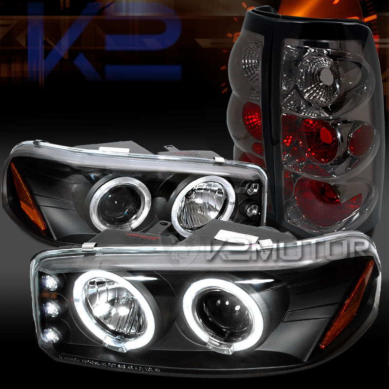 ヘッドライト 99-03 GMC Sierra Black LEDハロープロジェクターヘッドライト Smo k