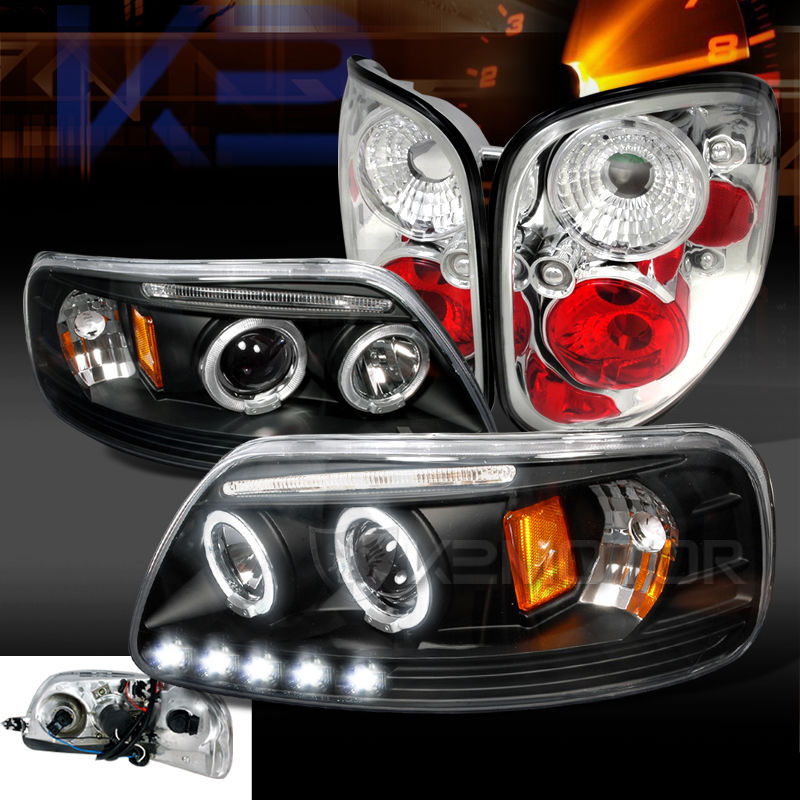ヘッドライト 97-00 F150 Flareside Black Halo LEDプロジェクターヘッドライト Cle